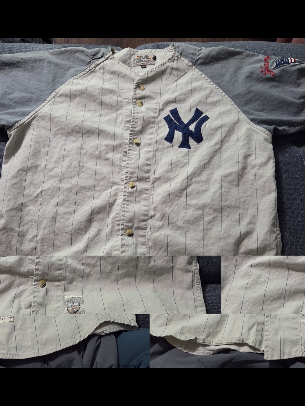 Men's Cream Pinstripe NY Yankees Baseball Jersey Shirt with Blue Sleeves